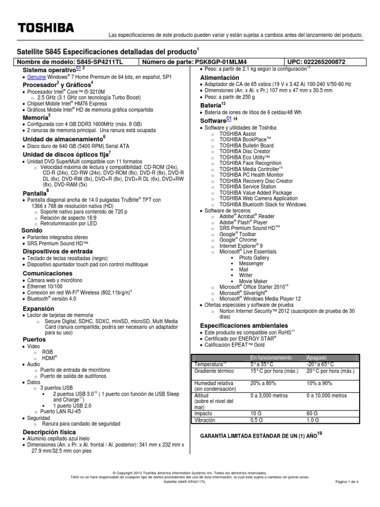 Satellite S845 SP4211TL Spec SP | PDF