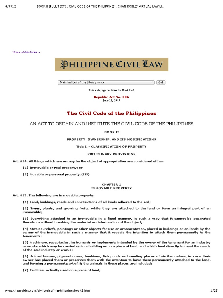 Civil Code of the Philippines: Book II | PDF | Ownership | Title (Property)