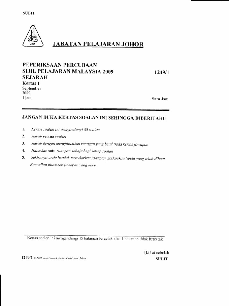 Spm Percubaan 2009 Johor Sejarah Pdf