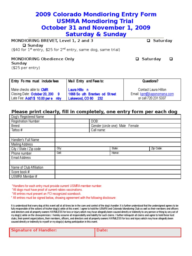 CMR Entry Form 2009 October Trial | PDF | Animals And Humans ...