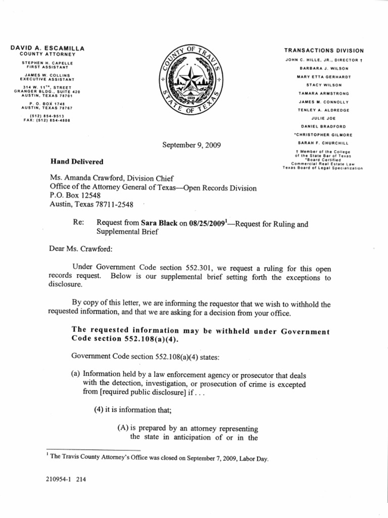 Sept 9 letter from Travis County Attorney's Office Prosecutor
