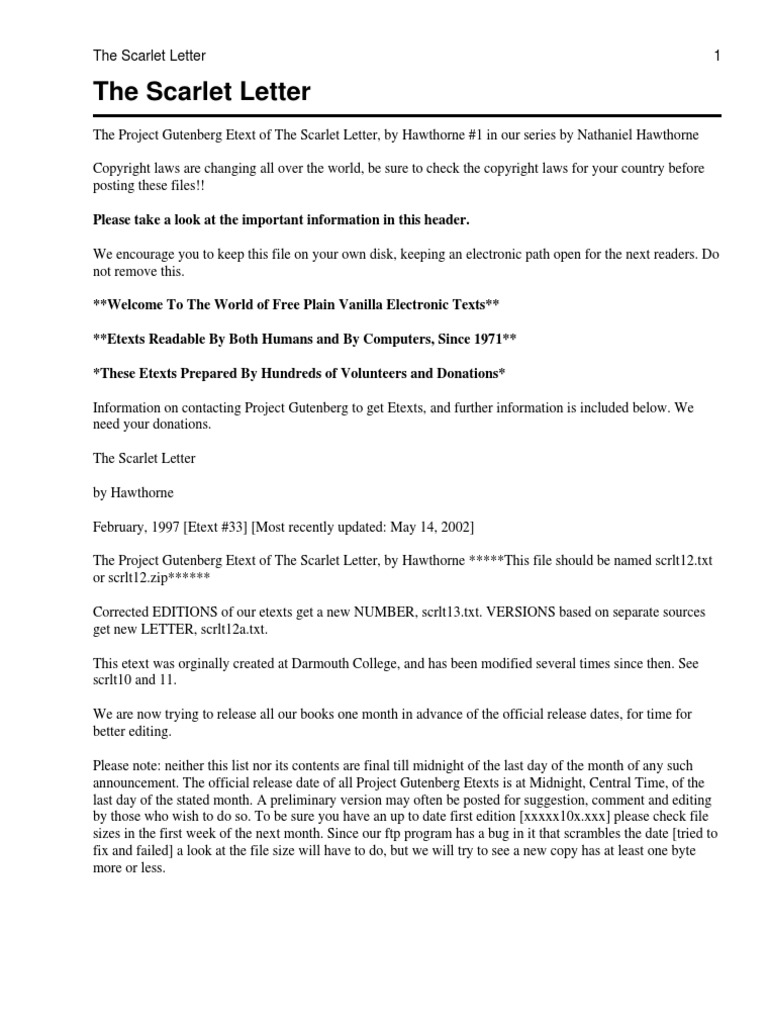 The Scarlet Letter PDF Project Gutenberg Nathaniel Hawthorne