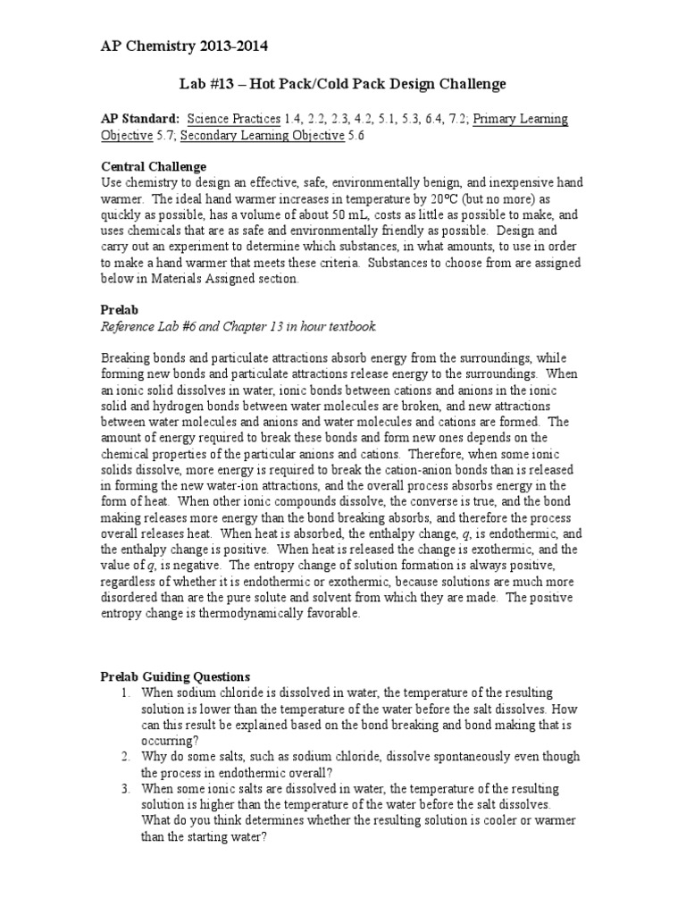 AP Chemistry 20132014 Lab 13 Hot Pack/Cold Pack Design Challenge