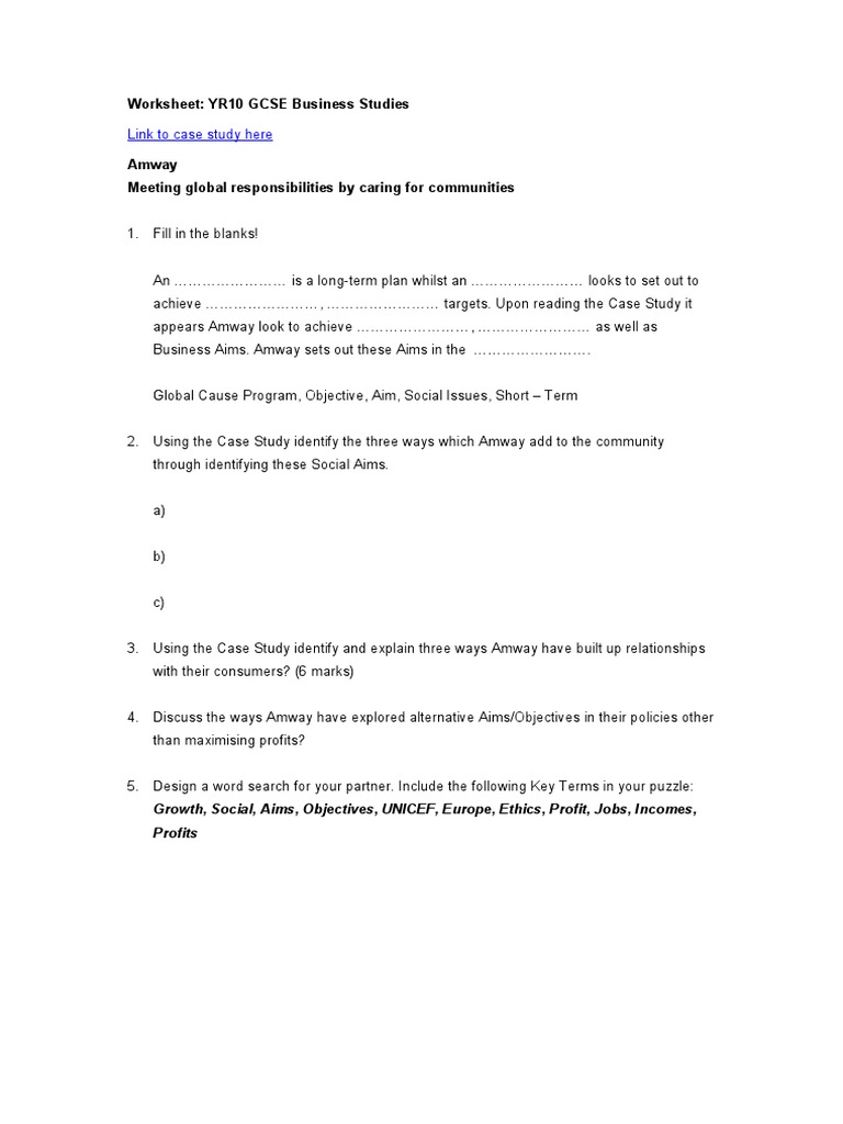 Link To Case Study Here: Worksheet: YR10 GCSE Business Studies | PDF ...