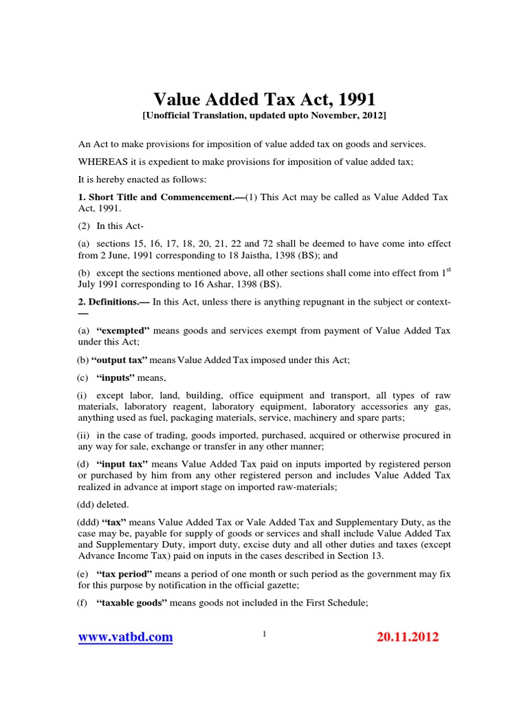 Vat Act 1991 Updated Upto Nov 2012 in English Value Added Tax Tariff