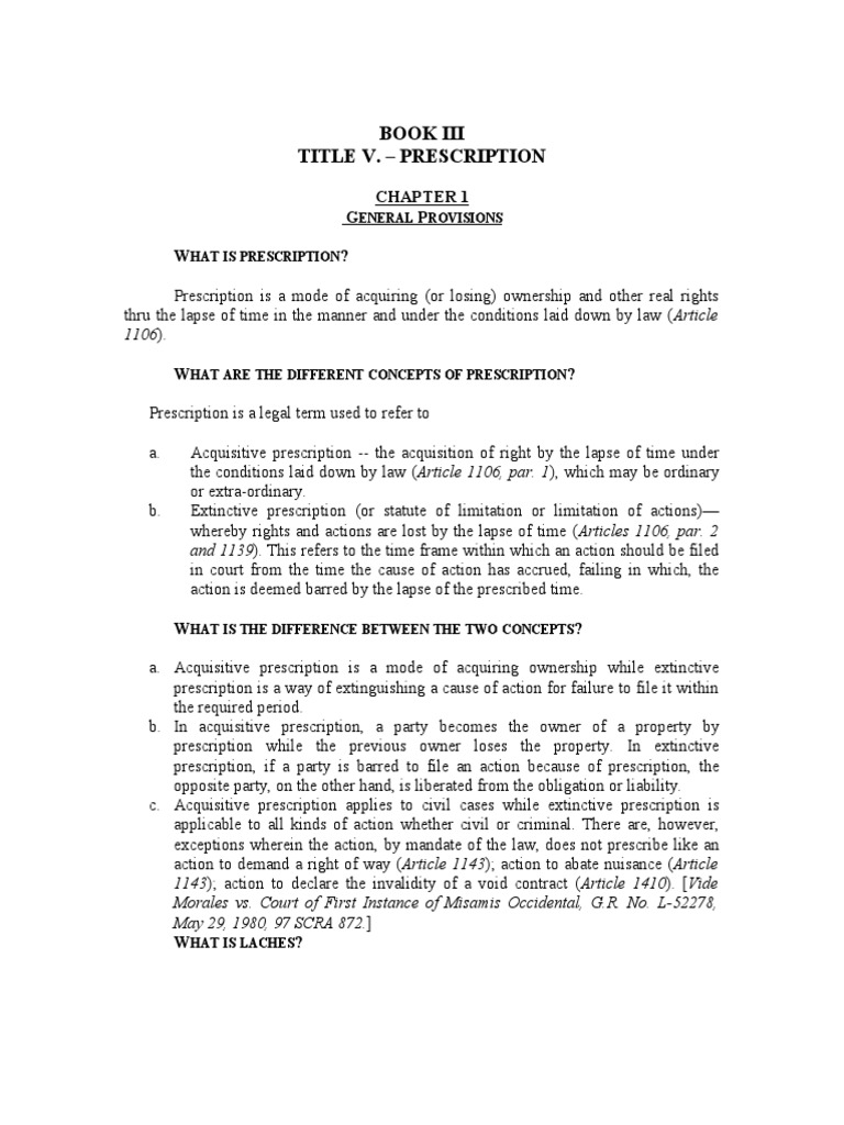 Notes On Prescription, Obligations and Contracts PDF Laches (Equity