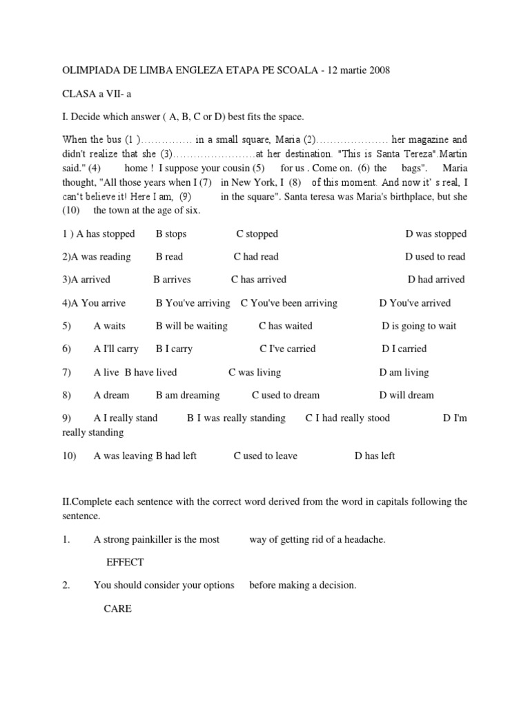 Model subiect Olimpiada de Limba Engleza Etapa Pe Scoala clasa a VIIa