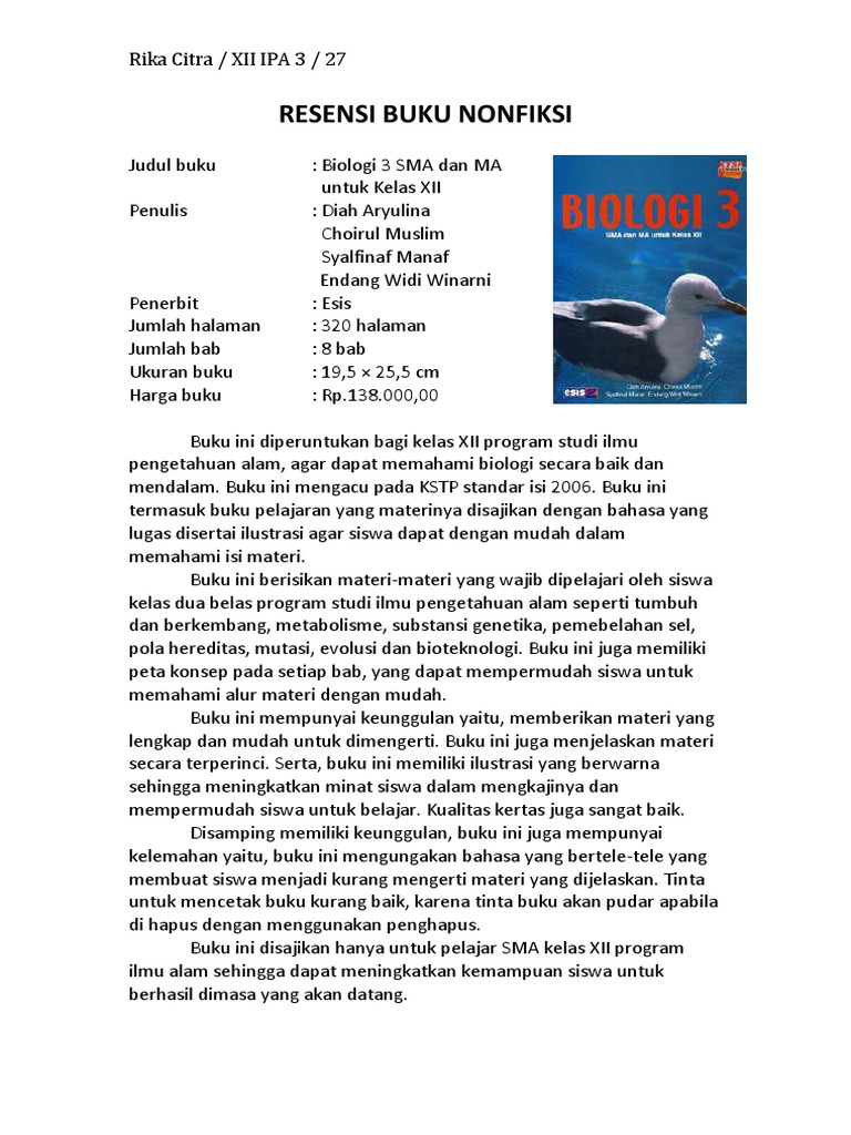 Resensi Buku Nonfiksi esis biologi kelas 3 sma