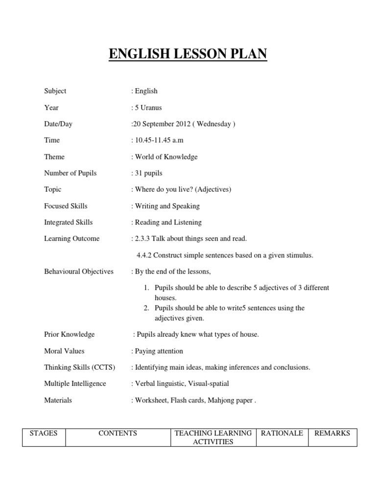 contoh rancangan mengajar | English Language | Lesson Plan