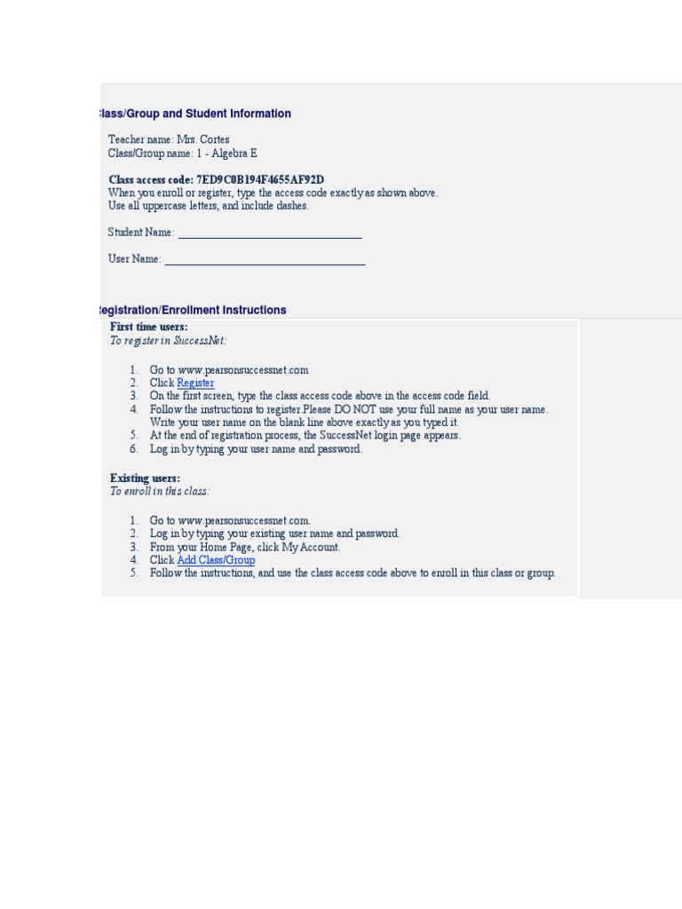 Class/Group and Student Information: Class Access Code ...