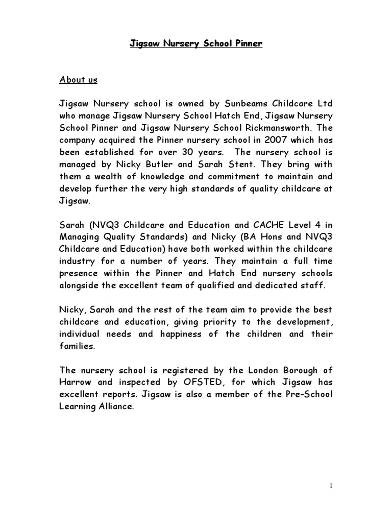 Jigsaw Nursery School Pinner PDF Child Care Relationships