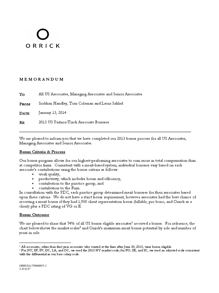 Orrick Bonus Memo 2013 PDF 401(K) Business