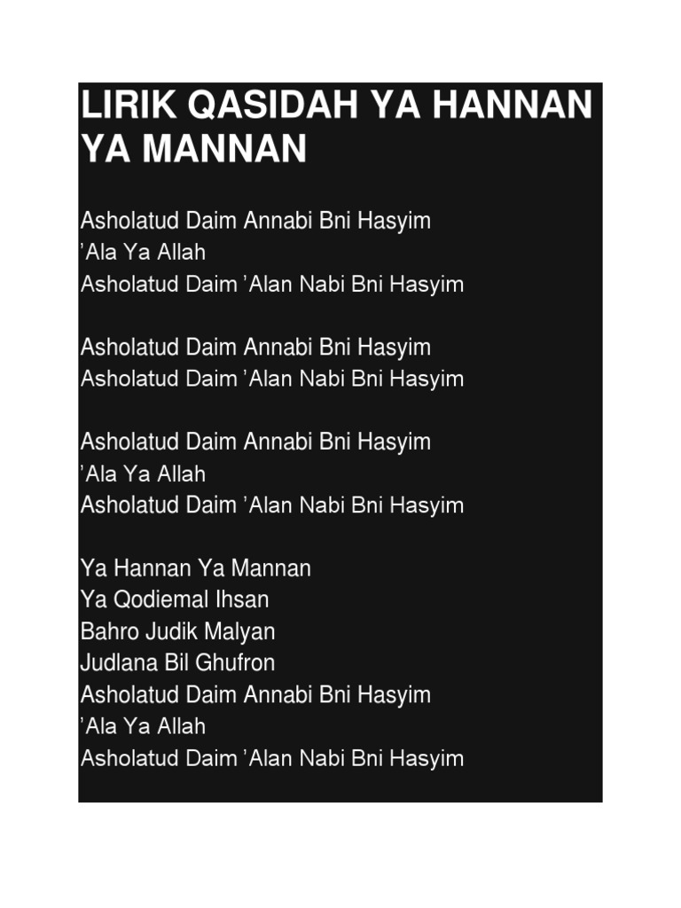 Lirik Qasidah Ya Hannan Ya Mannan Vvbbb