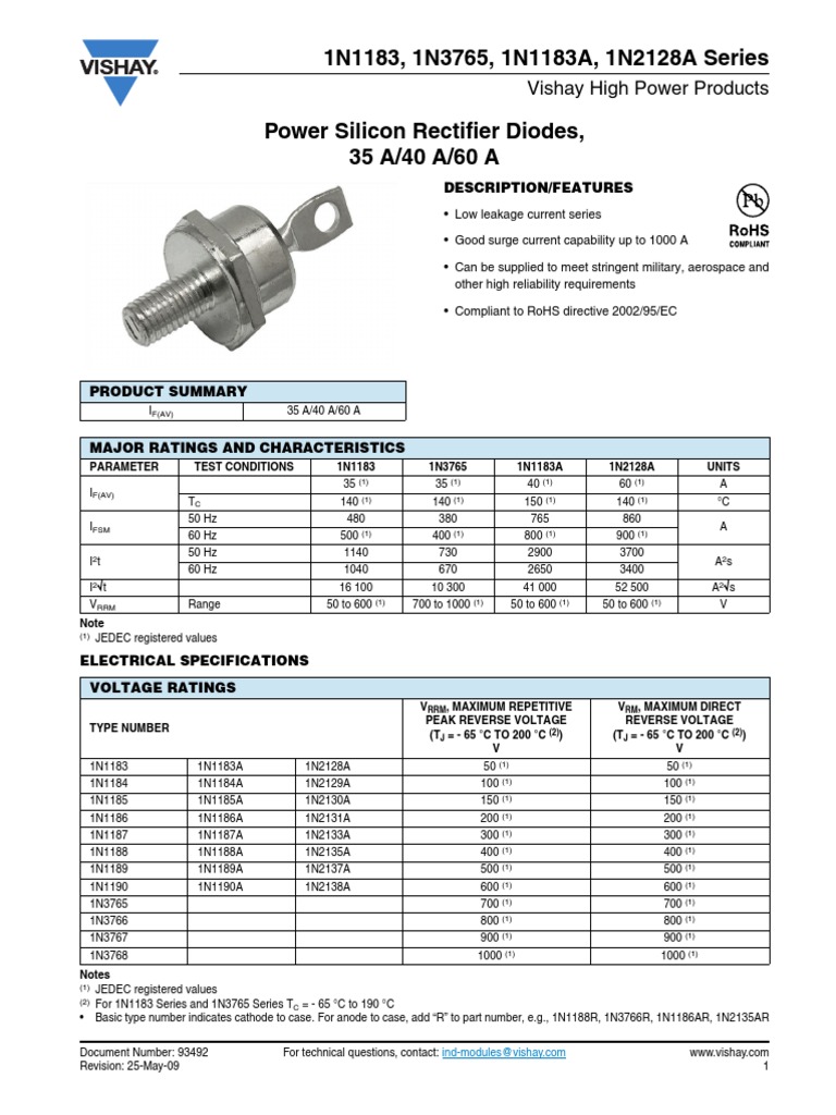 High Power Rectifier Diode Specification Sheet 1N1183, 1N3765