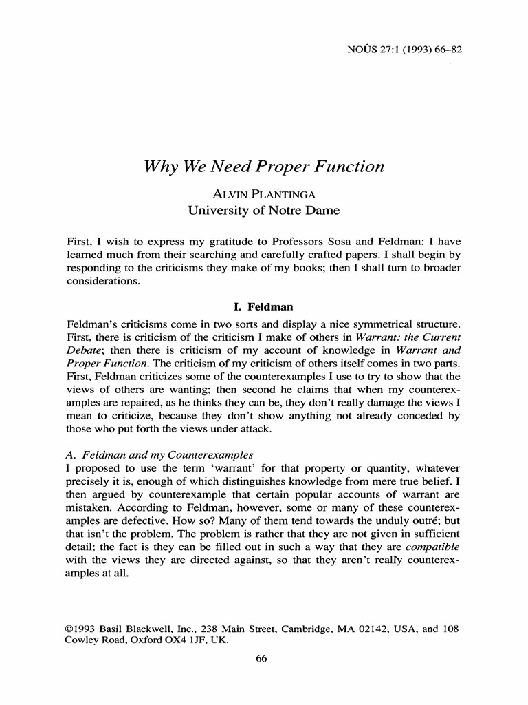 Why We Need Proper Function Alvin Plantinga PDF Theory Of