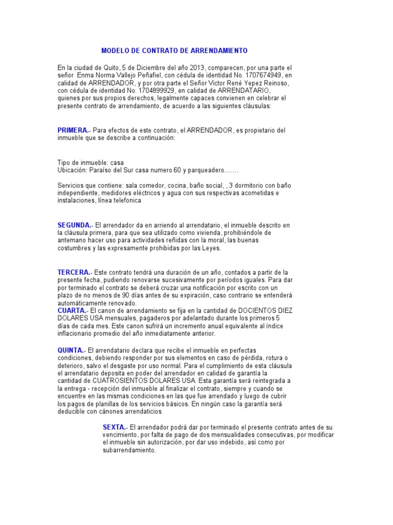 Modelo de Contrato de Arrendamiento Ecuador English