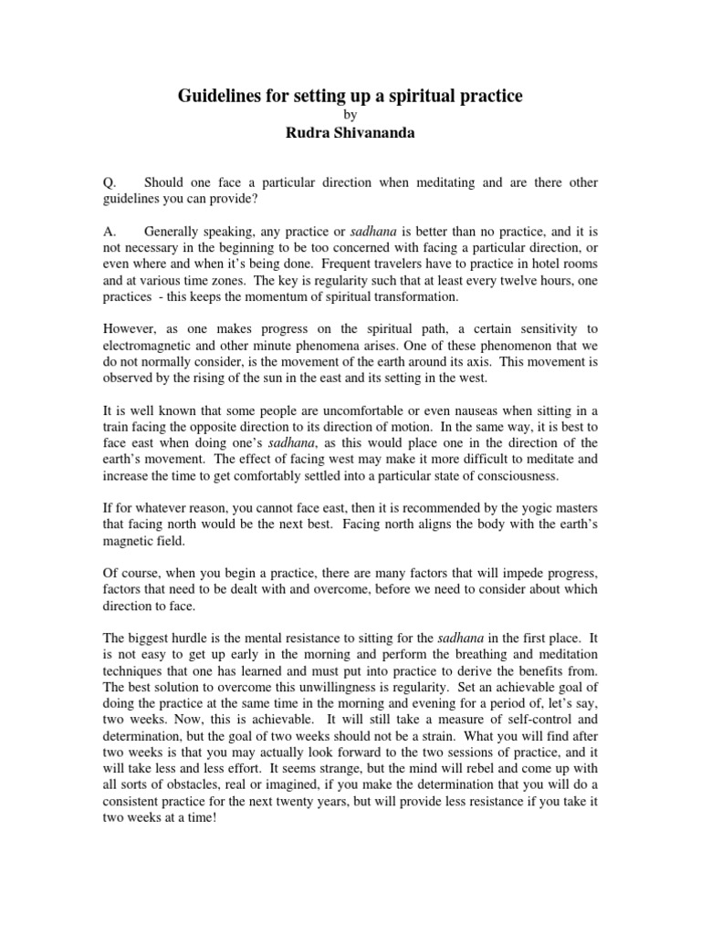 Guidelines For Setting Up A Spiritual Practice: Rudra Shivananda | PDF