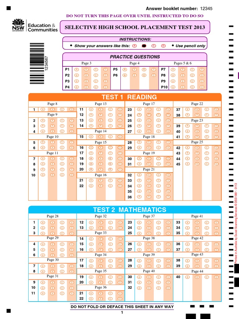 Answer Sheets Selective Test PDF