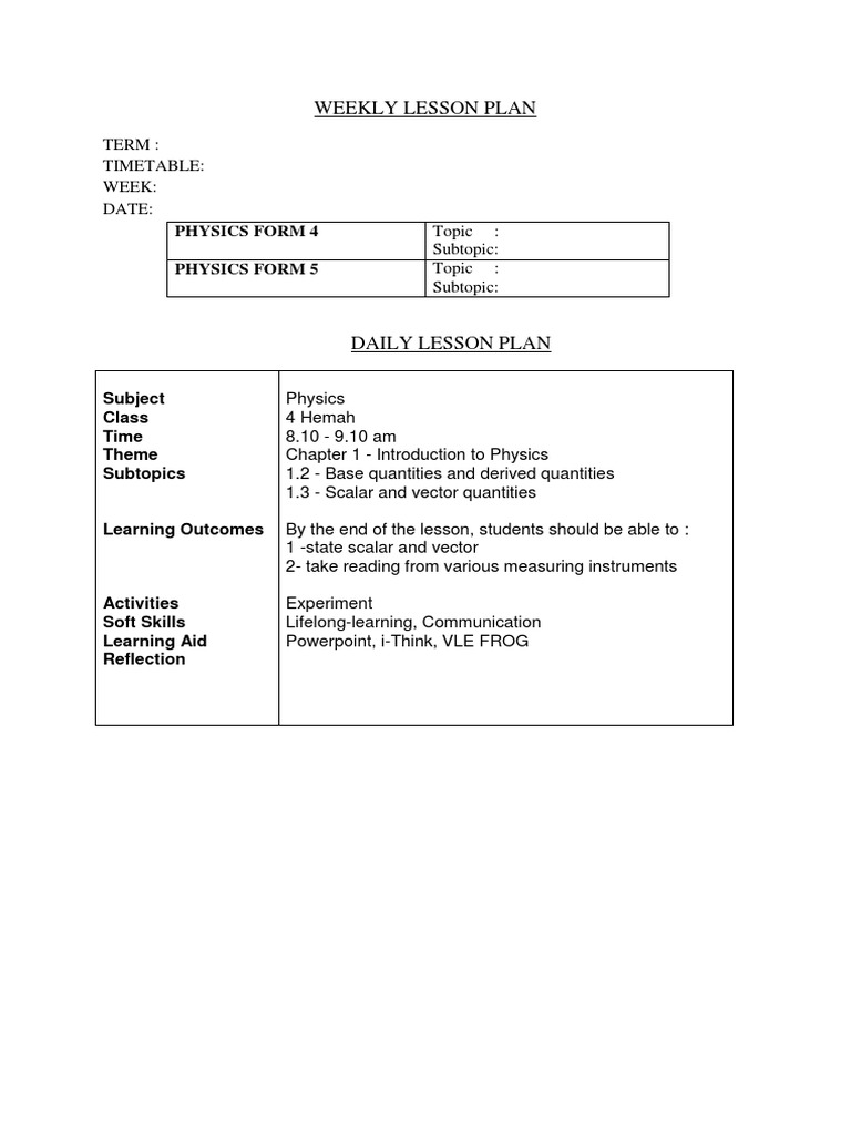 Weekly Lesson Plan: Physics Form 4 Physics Form 5 | PDF | Foreign ...