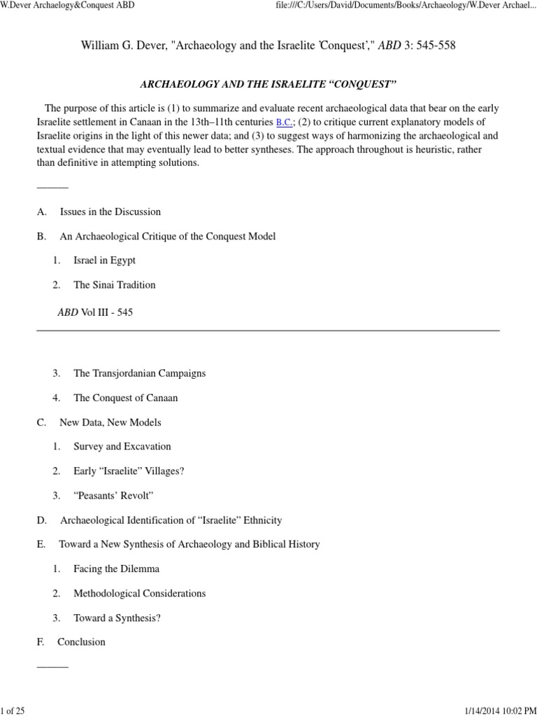 Archaeology & Conquest, W. Dever, Anchor Bible Dictionary PDF