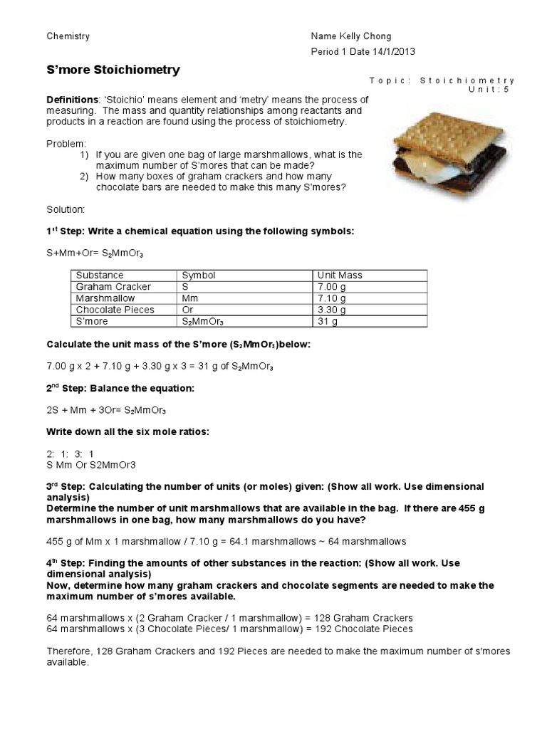 Activity Smore Stoichiometry 1112 Stoichiometry Physical Quantities