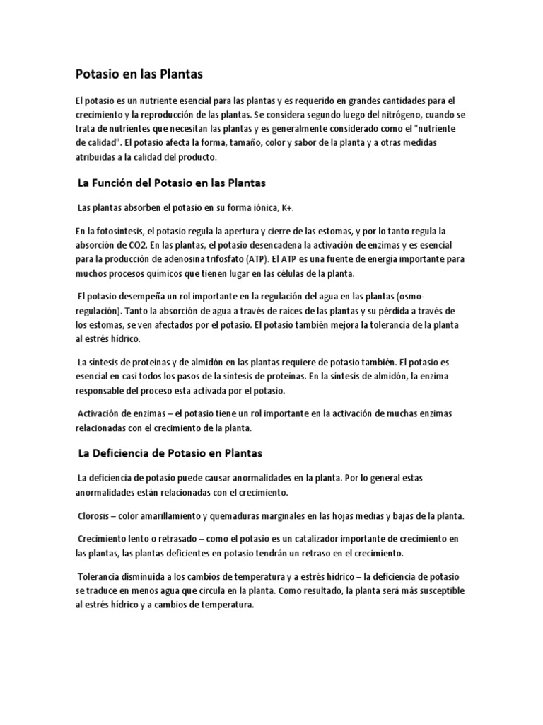Importancia del Potasio en Plantas | PDF | Suelo | Potasio