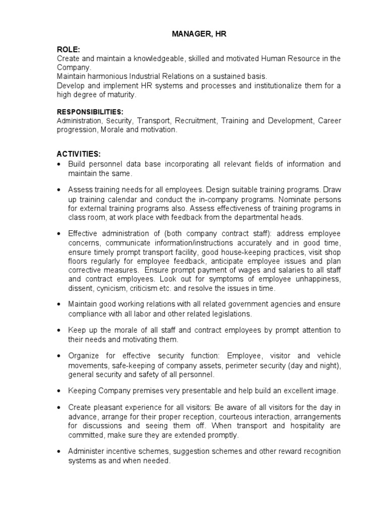 Roles And Responsibilities Of General Manager Hr