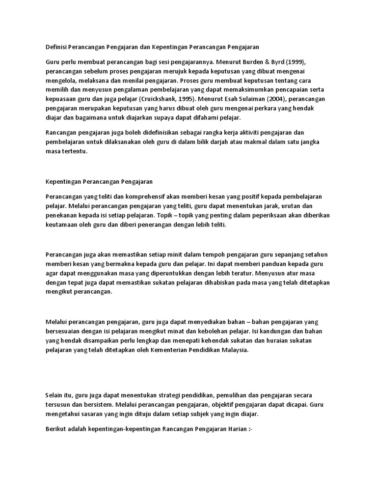 Definisi Perancangan Pengajaran Dan Kepentingan Perancangan Pengajaran Pdf