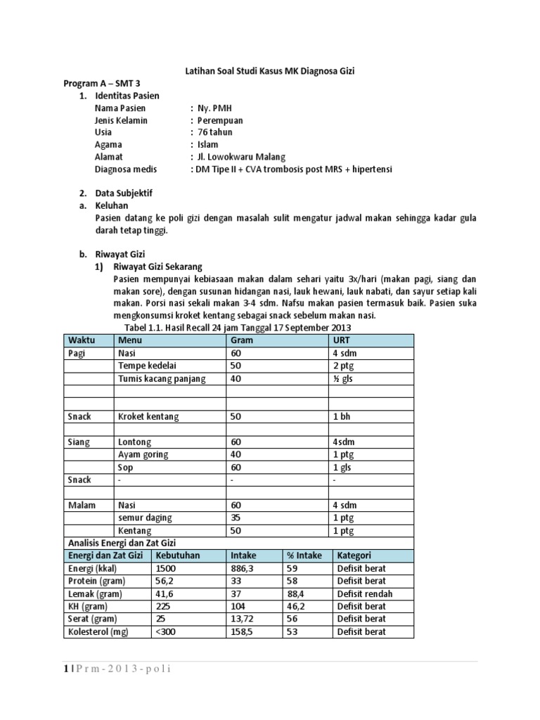 Latihan Soal Studi Kasus MK Diagnosa Gizi