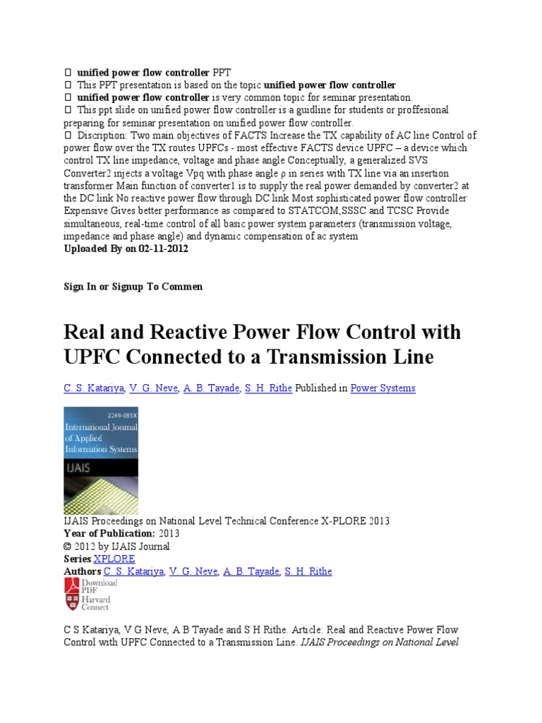 Unified Power Flow Controller | PDF | Ac Power | Electric Power