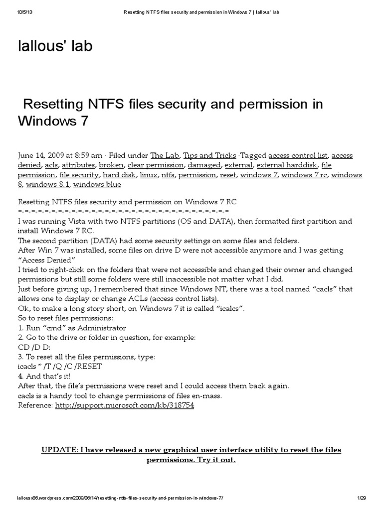 Resetting NTFS Permissions in Windows 7 | PDF | Computer File ...