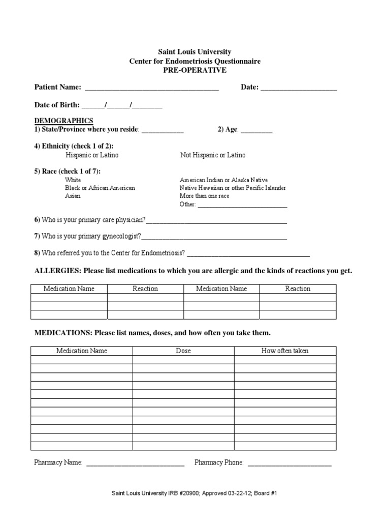 Approved - CE Preop Questionnaire-1 | PDF | Race And Ethnicity In The ...