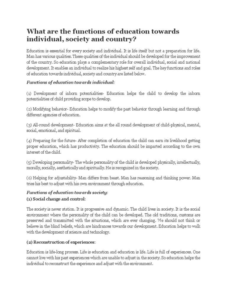 What Are The Functions of Education Towards Individual PDF Human