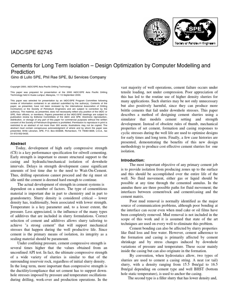 Cements For Long Term Isolation - Design Optimization by Computer ...