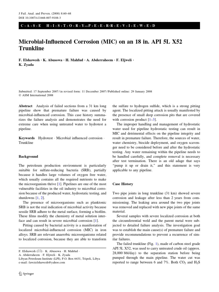 Microbial Corrosion in API 5L X52 Pipeline | PDF | Corrosion | Pipe ...