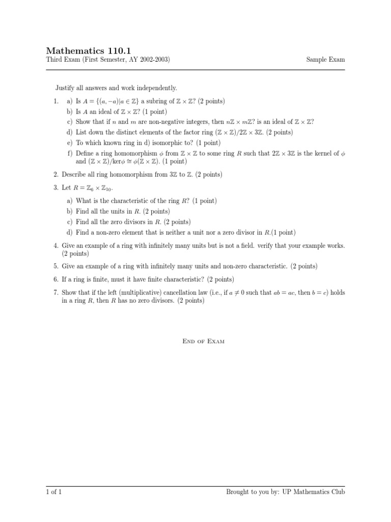 Math 110.1 Sample Exam Overview | PDF | Integer | Ring (Mathematics)