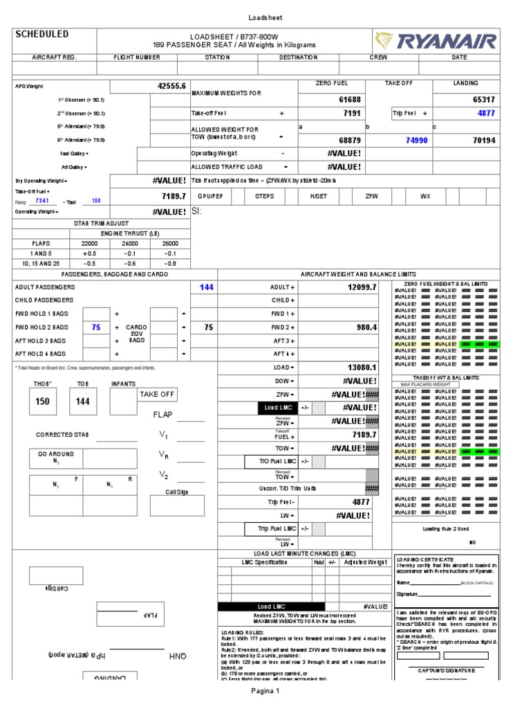 Ryanair Loadsheet for B737-800W | PDF | Aerospace Engineering | Aerospace