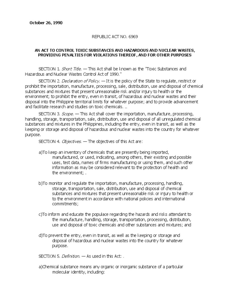 RA 6969 Toxic Substances and Hazardous and Nuclear Wastes Control Act
