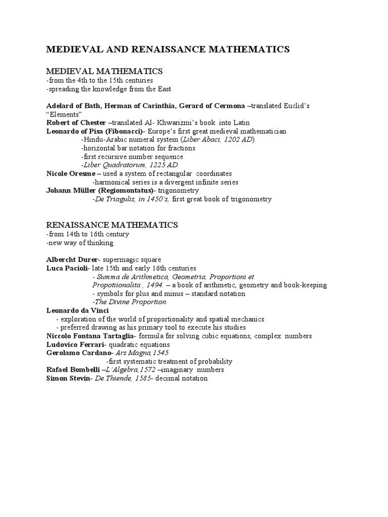 Medieval and Renaissance Mathematics | PDF