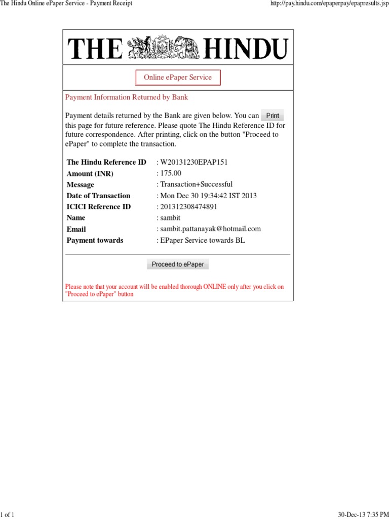 The Hindu ePaper Subscription Receipt PDF Finance & Money Management