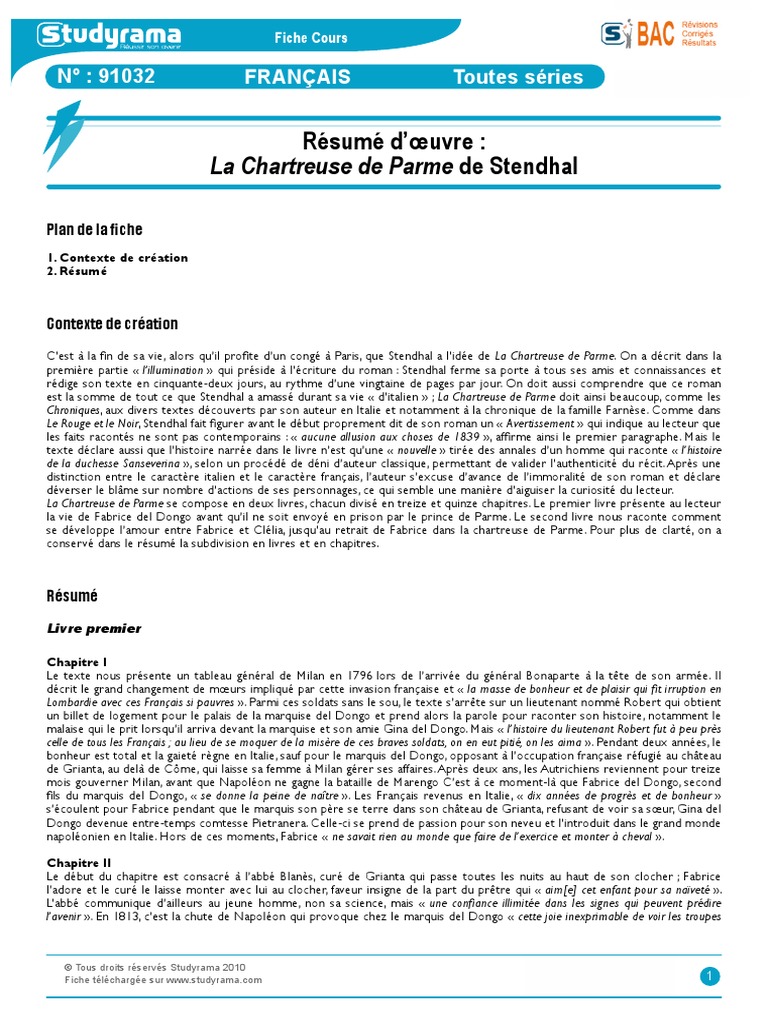 Resume Stendhal La Chartreuse de Parme | PDF | Mystère, thriller et ...