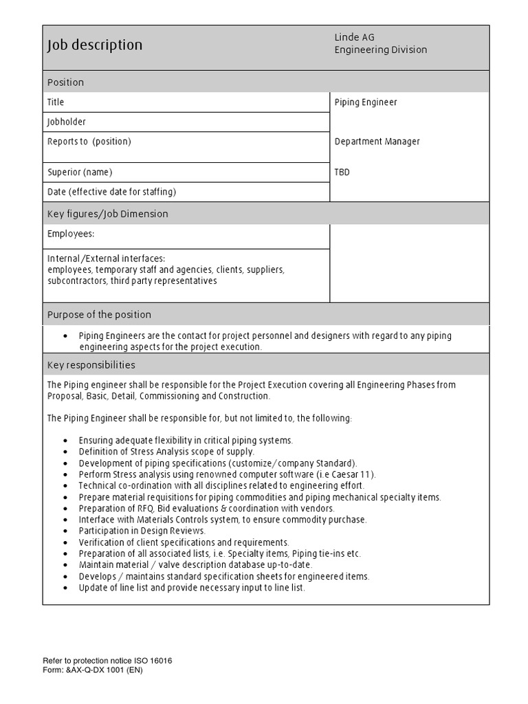 Job Description Piping Engineer PDF Specification (Technical