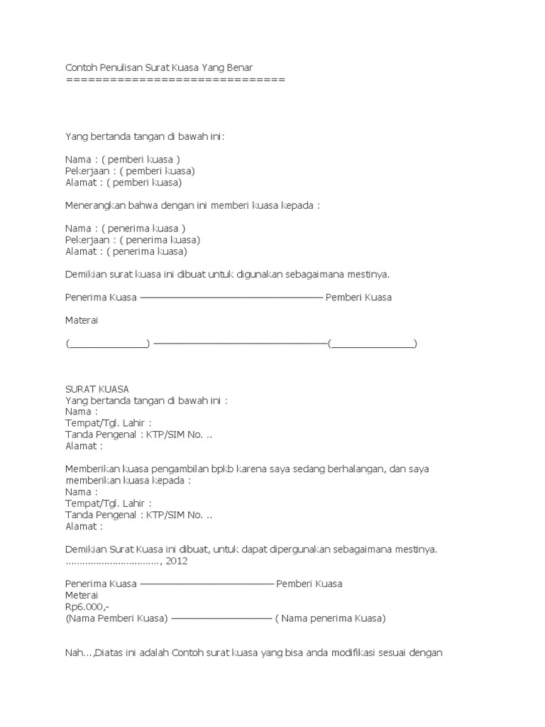 Contoh Penulisan Surat Kuasa Yang Benar