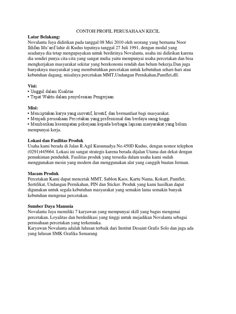 Contoh Profil Perusahaan Kecil Latar Belakang