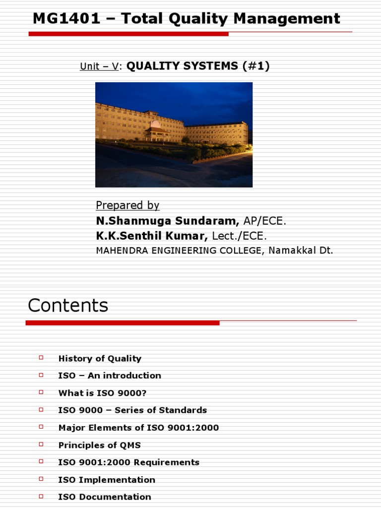 Mg1401 TQM (Unit V Iso) PDF Iso 9000 Quality Management System
