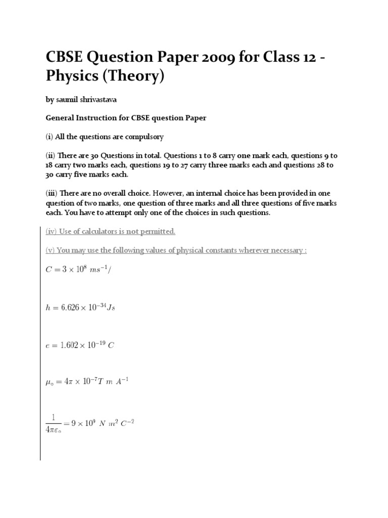 CBSE Question Paper 2009 for Class 12 Capacitor Electric Field
