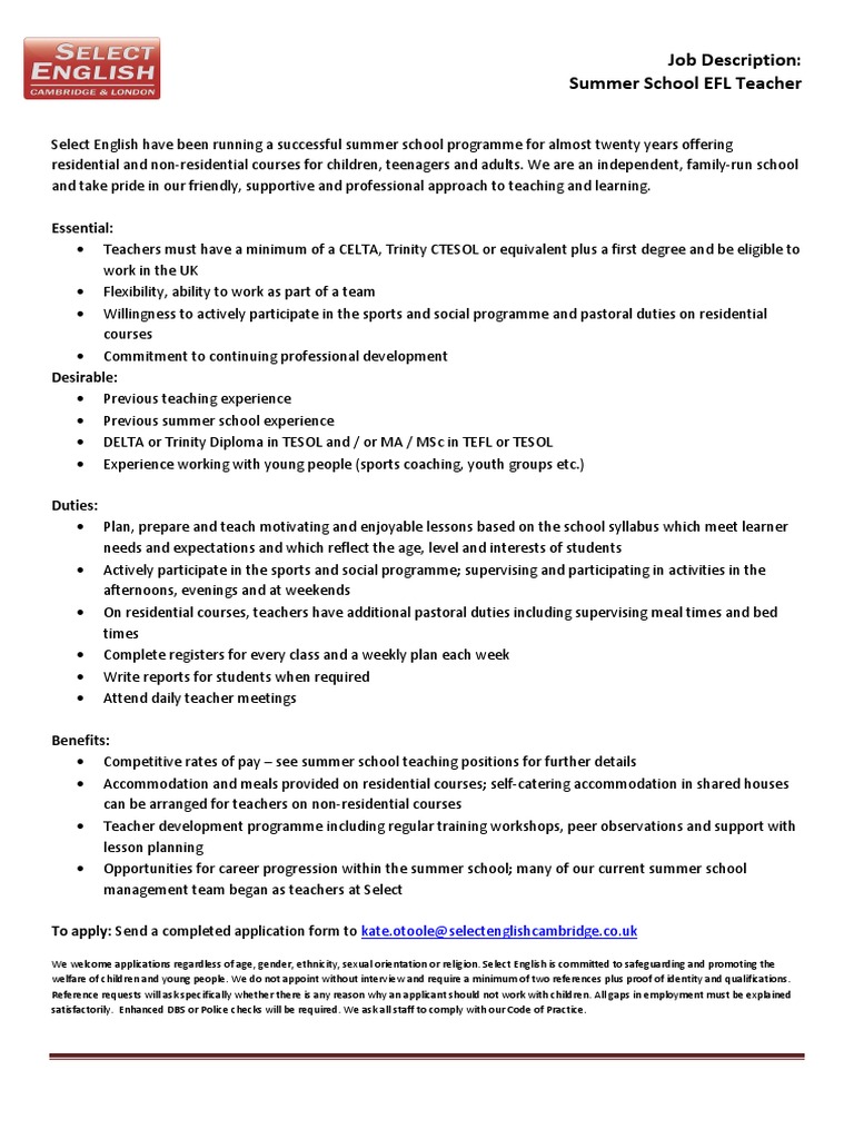 Job Description Summer School EFL Teacher1 PDF English As A Second