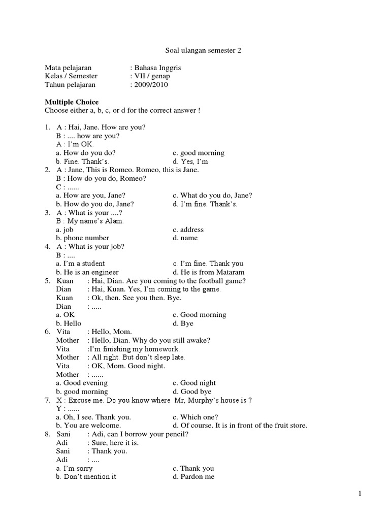 Soal Essay Bahasa Inggris Kelas 7 Semester 2
