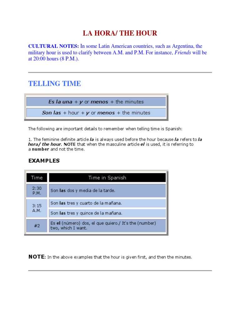 Telling Time in Spanish: La Hora Guide | PDF | Language Arts & Discipline