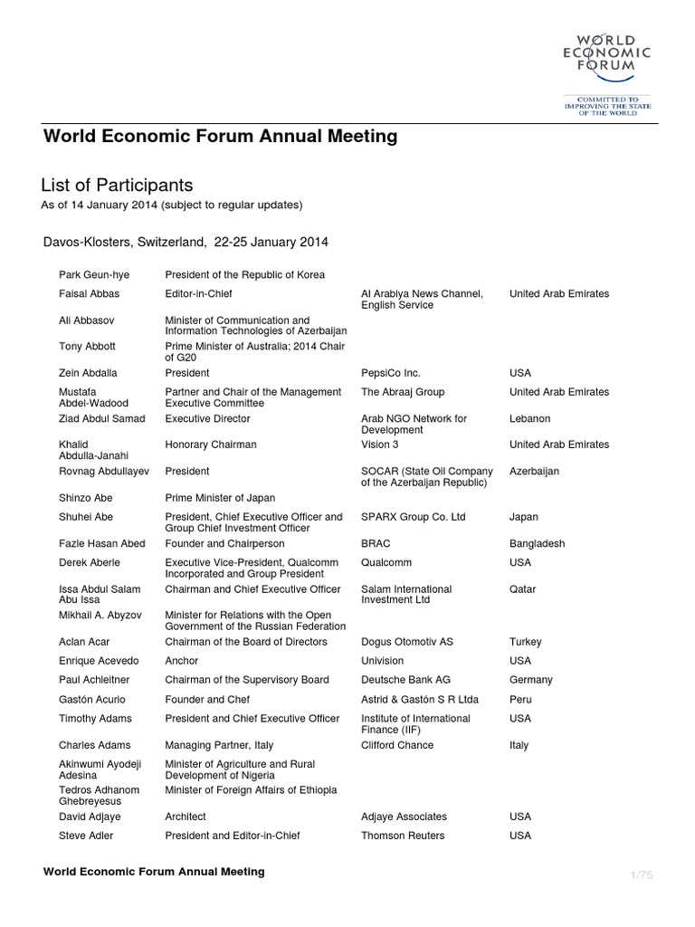 List of Participants at The World Economic Forum's Annual Meeting PDF